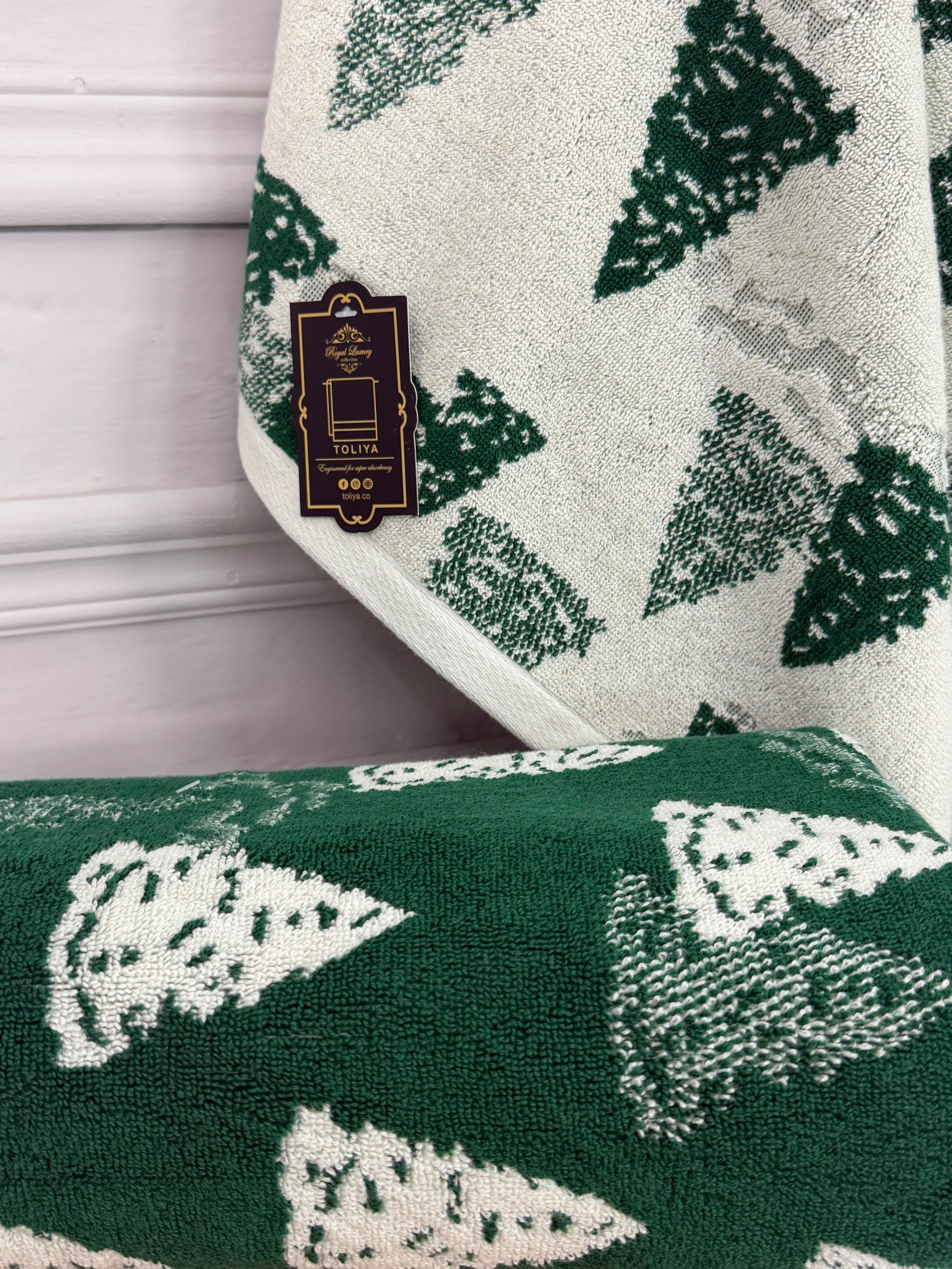 Green and white patterned fabric with a brand tag on a white background