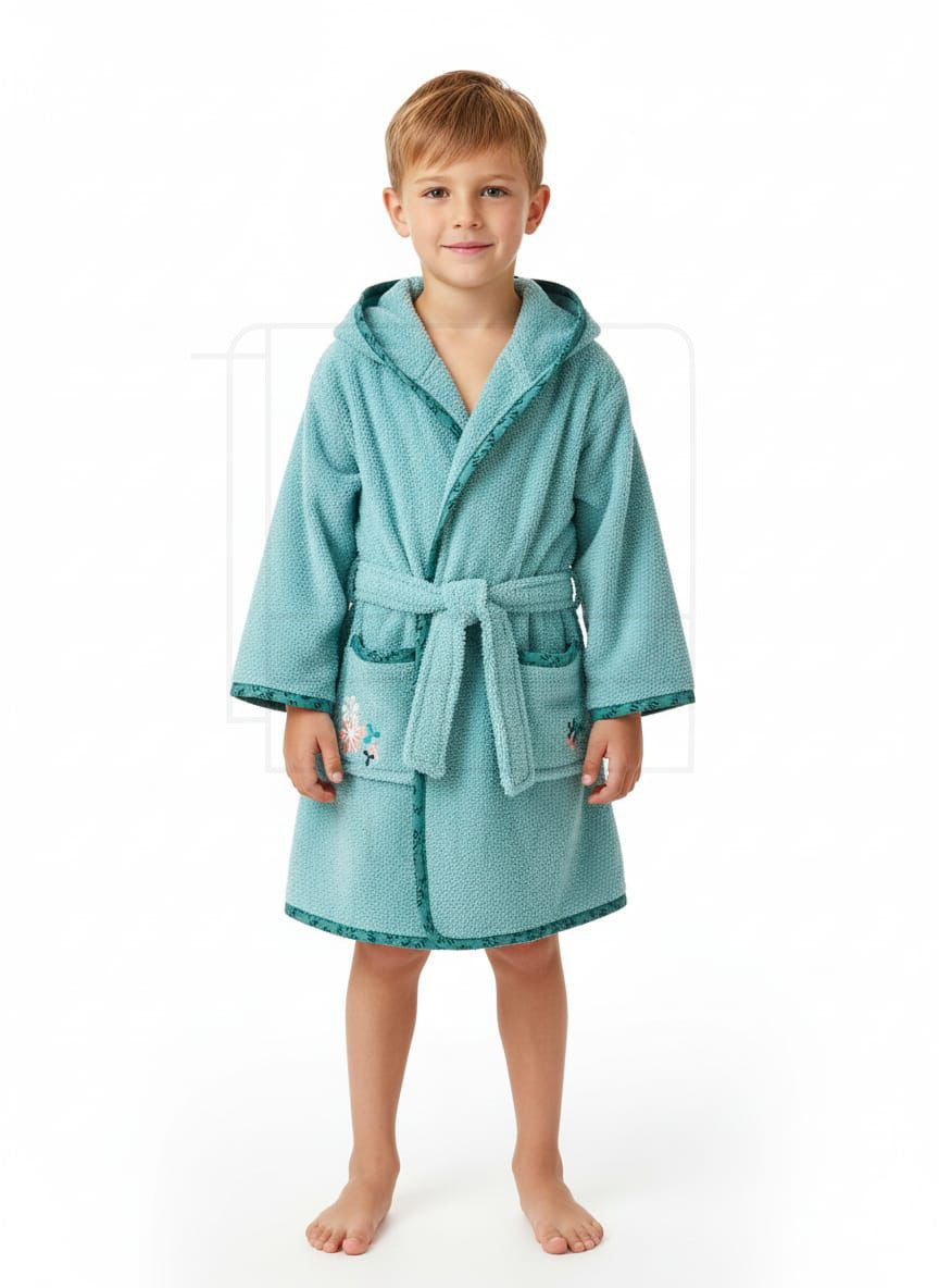 Child wearing a teal hooded robe on a white background