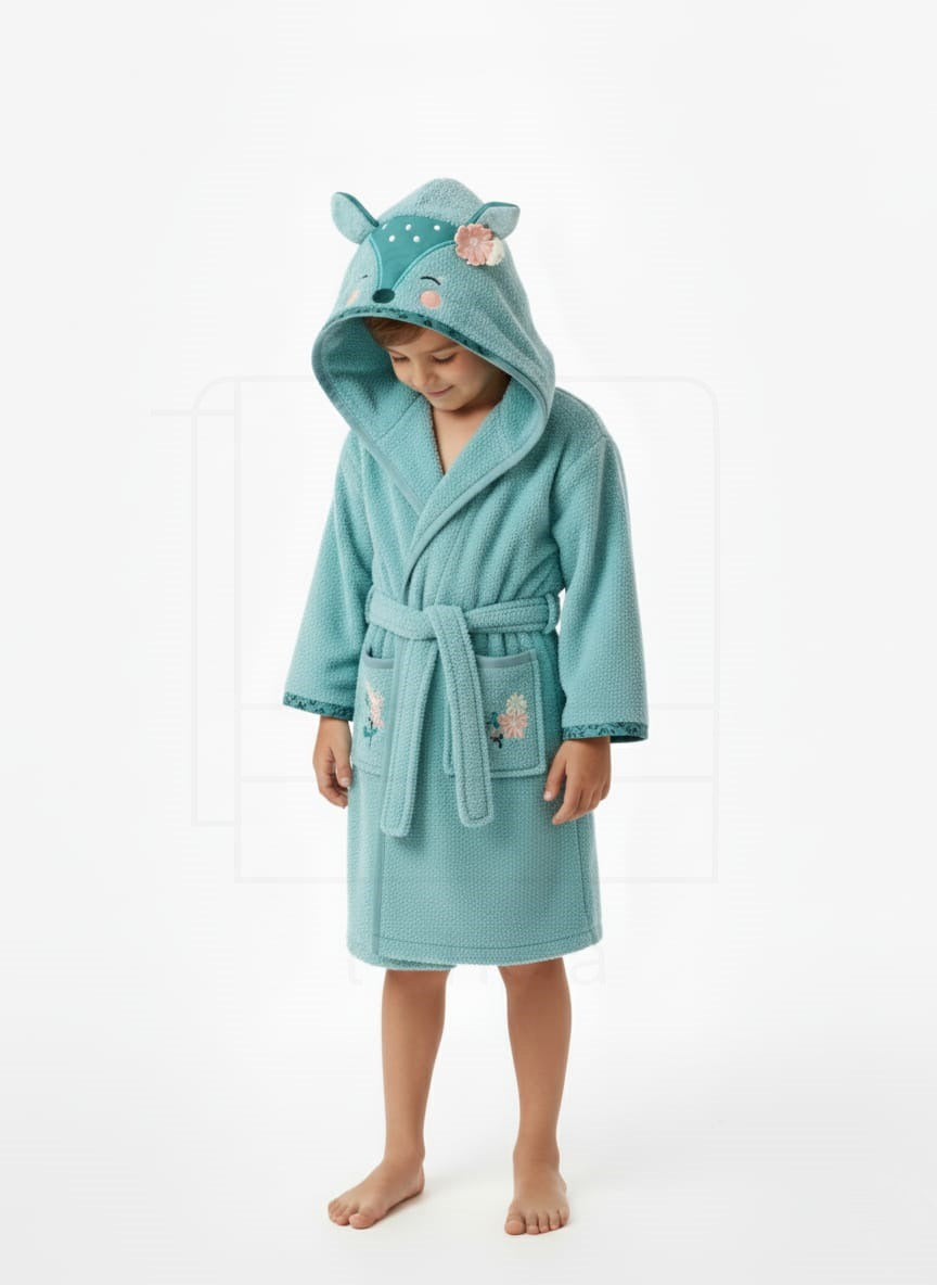 Child wearing a teal hooded robe with animal ears on a white background