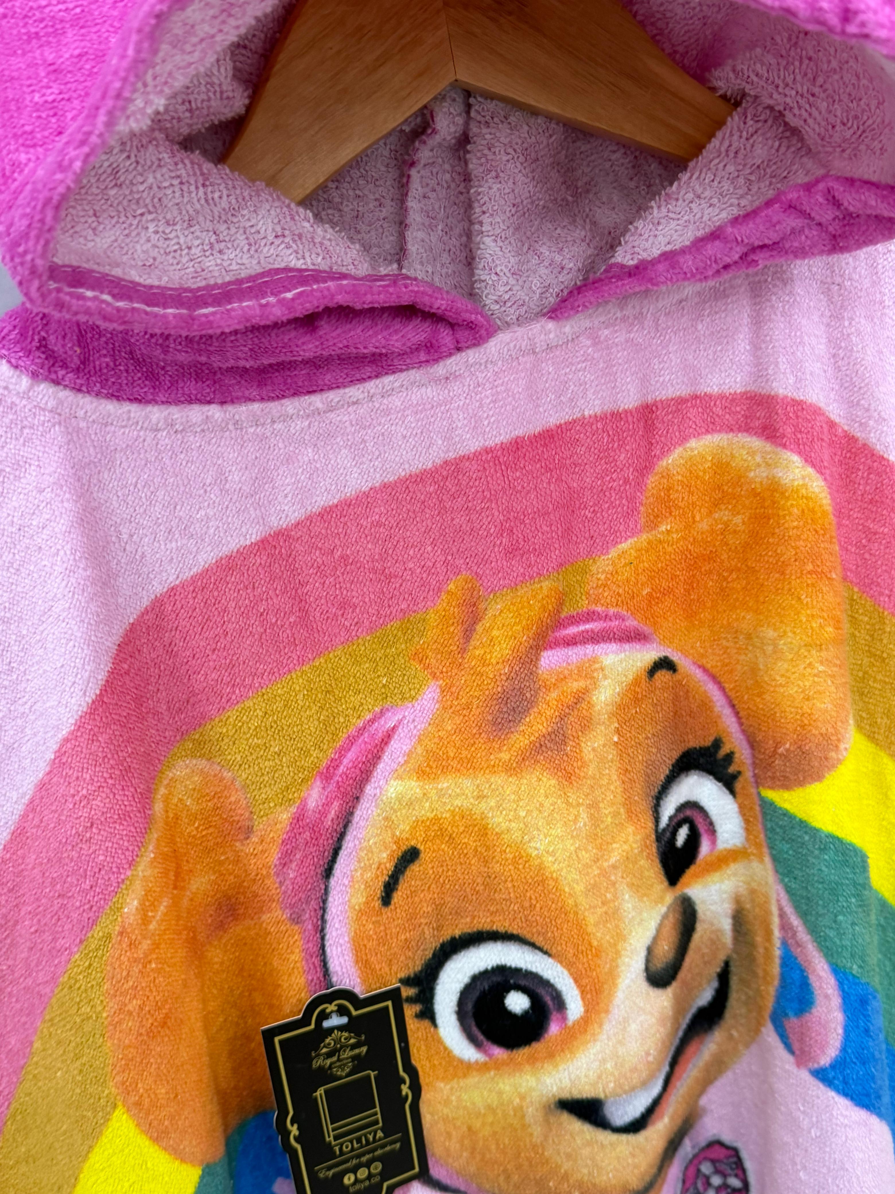 Children's towel with cartoon character design on a hanger