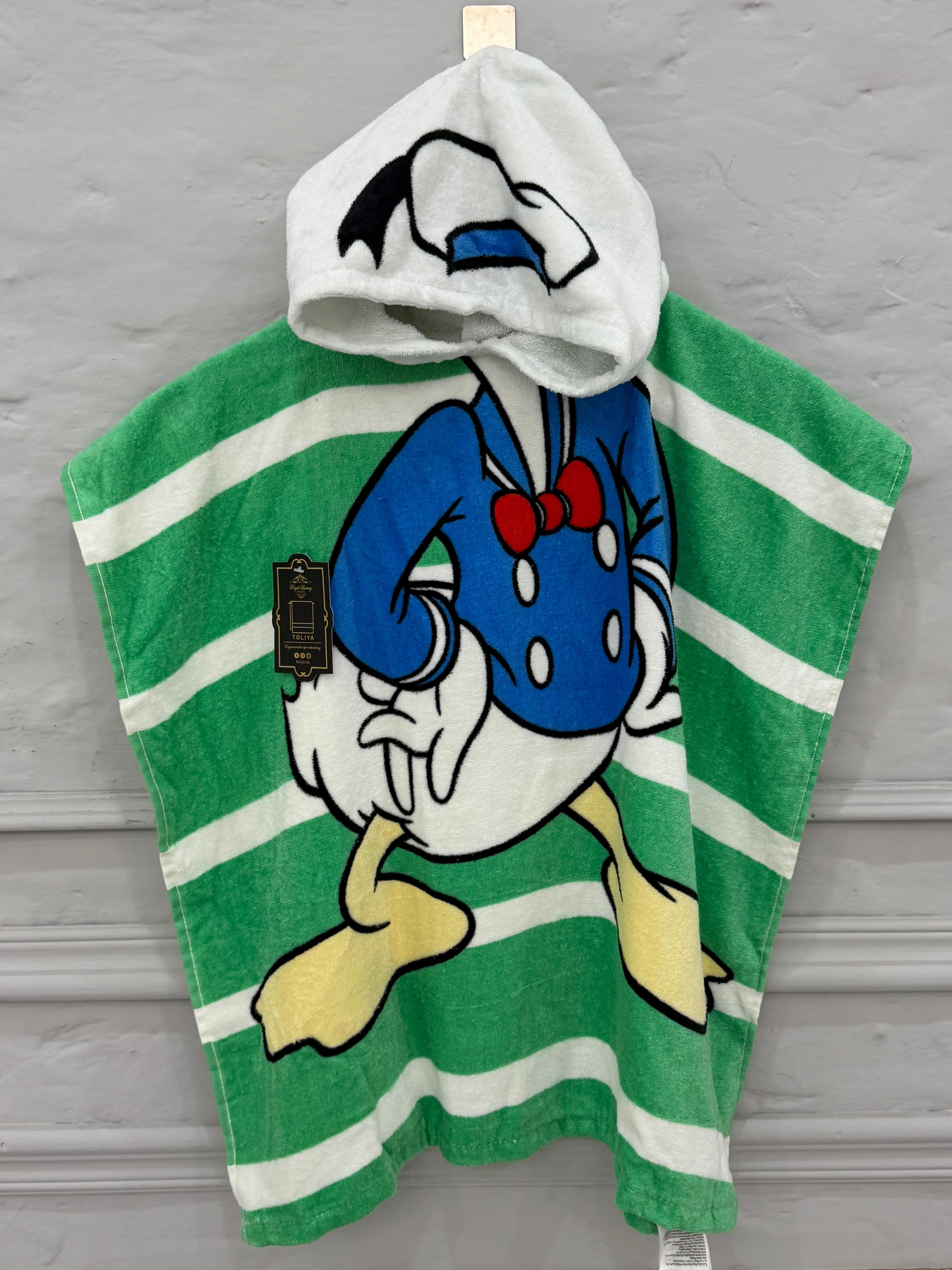 Cartoon character hooded towel with green and white stripes on a gray background