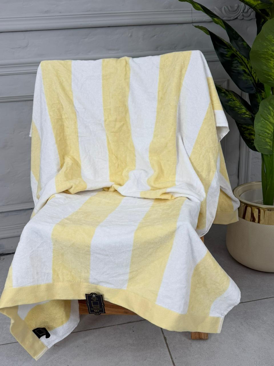 Yellow and white striped towel draped over a chair with a plant in the background