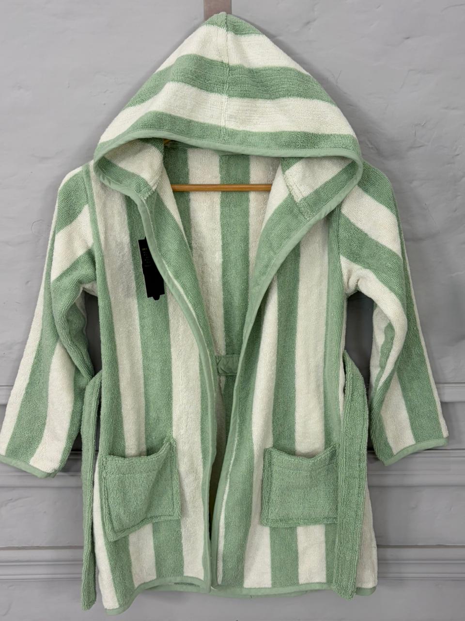 Kid Hooded Bathrobe Green Stripey Fun