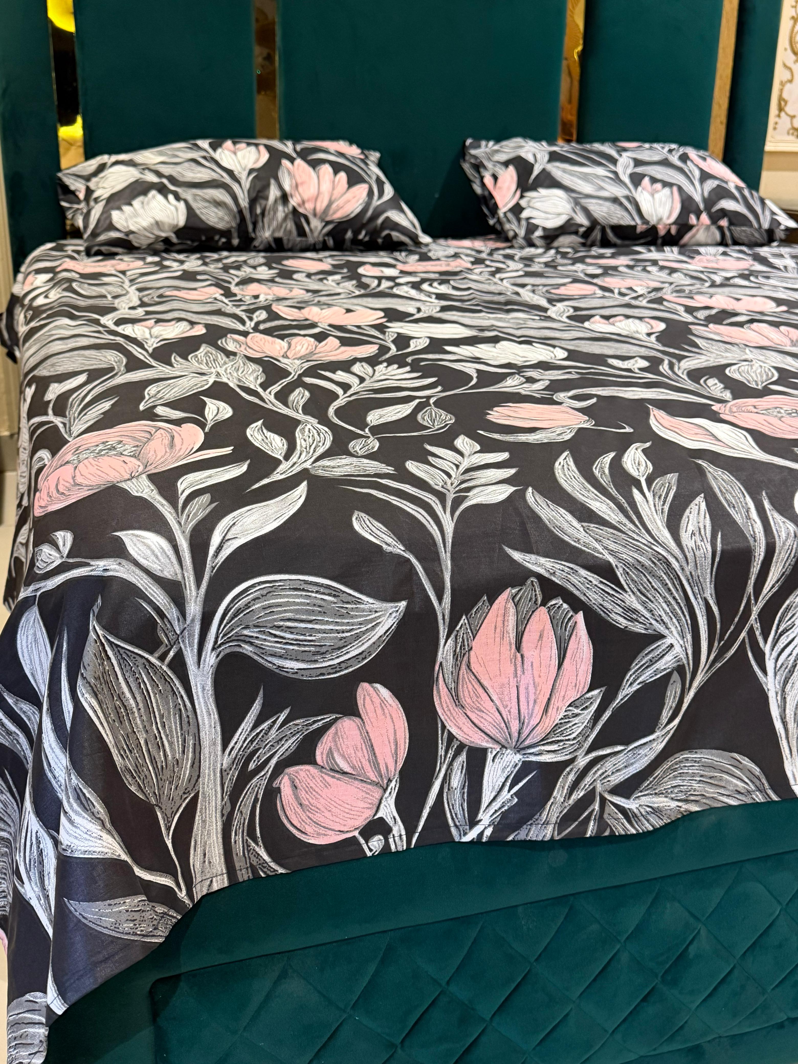 Black Floral Print Bedsheet Set
