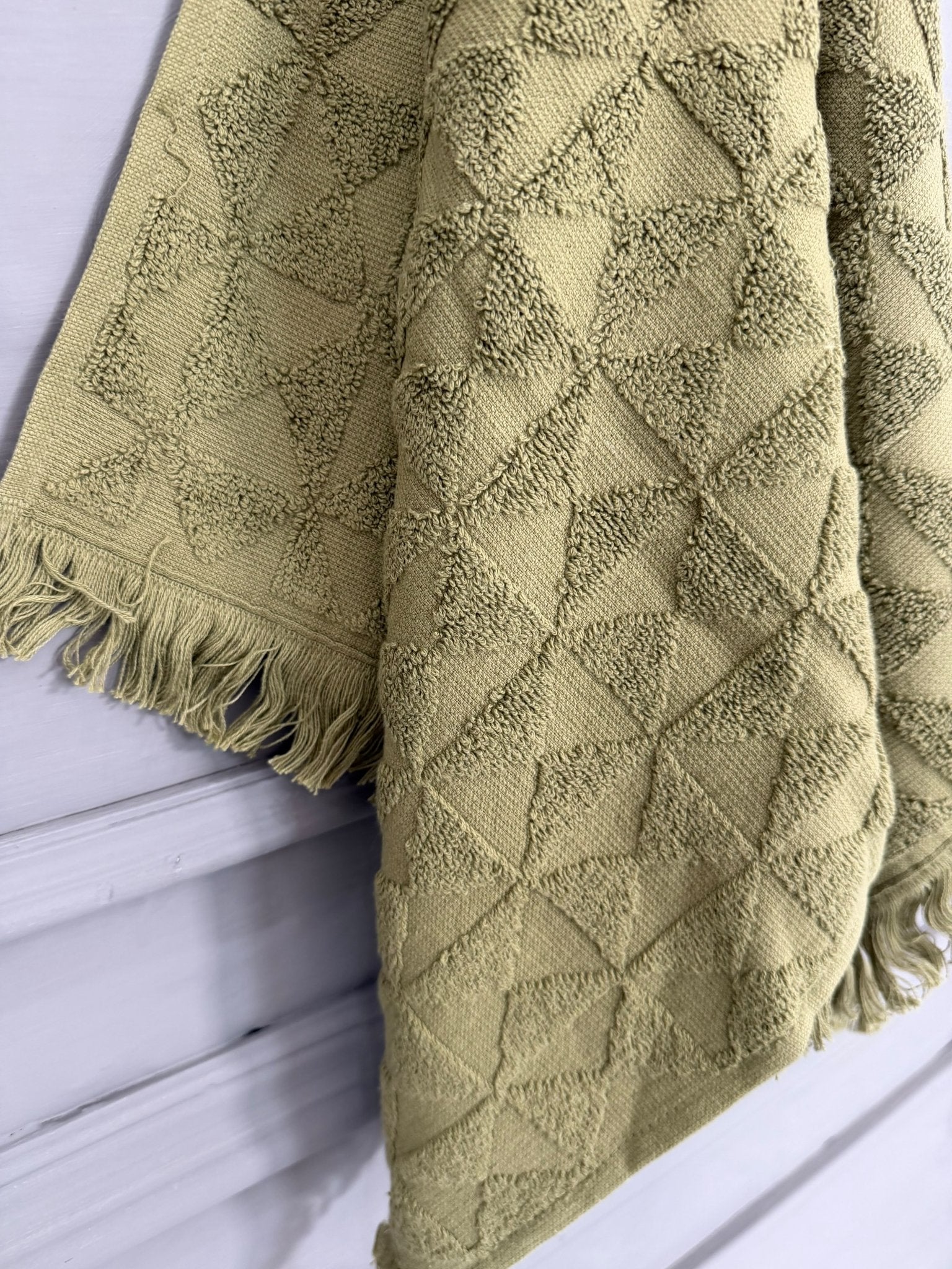 Olive Green Geometric Textured Hand Towel - Toliya.co