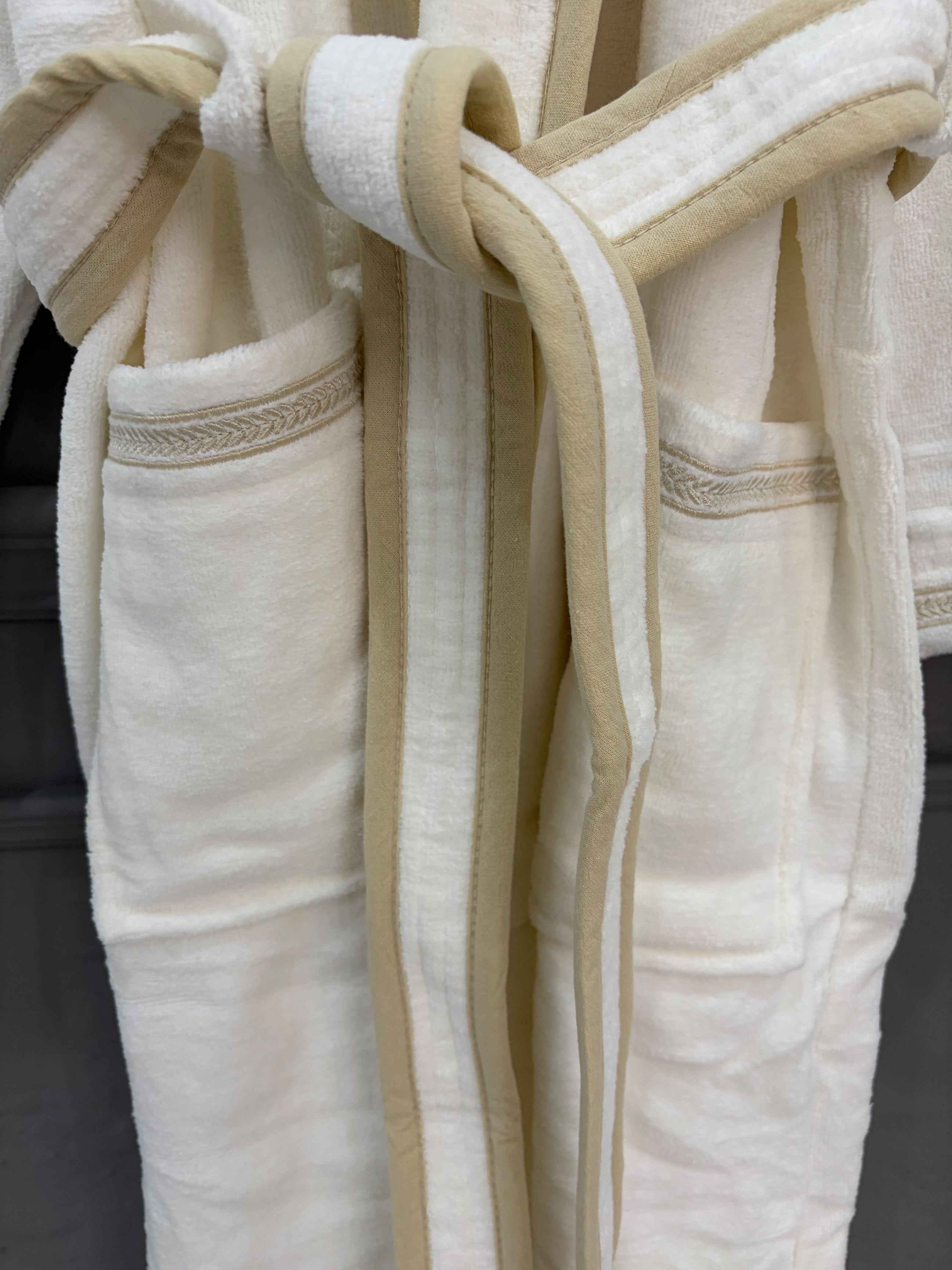 Premium White Terry Bathrobe with Beige Trim