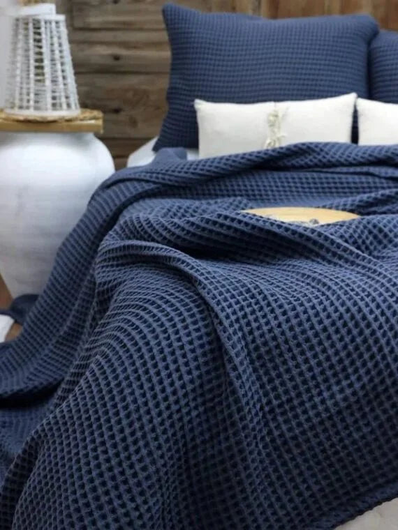 NAVY Cotton Waffle Weave King Size Blanket | Lightweight | Breathable | With 2 Pillow Cover