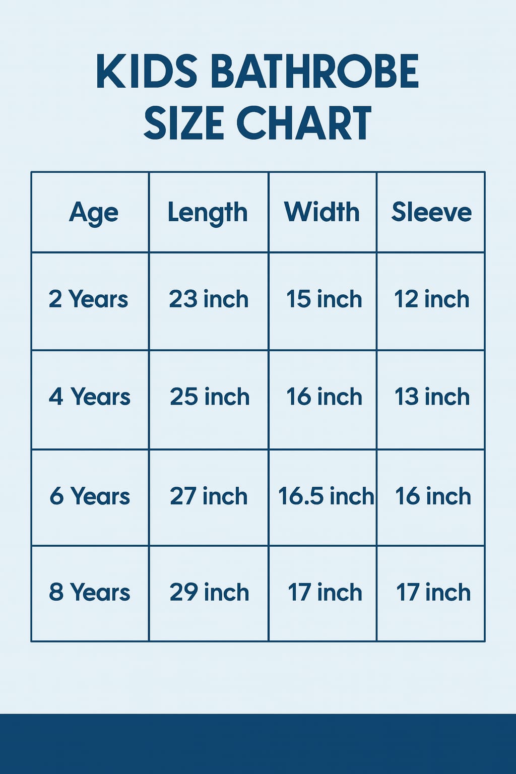 Kids bathrobe size chart with age, length, width, and sleeve measurements on a blue background.
