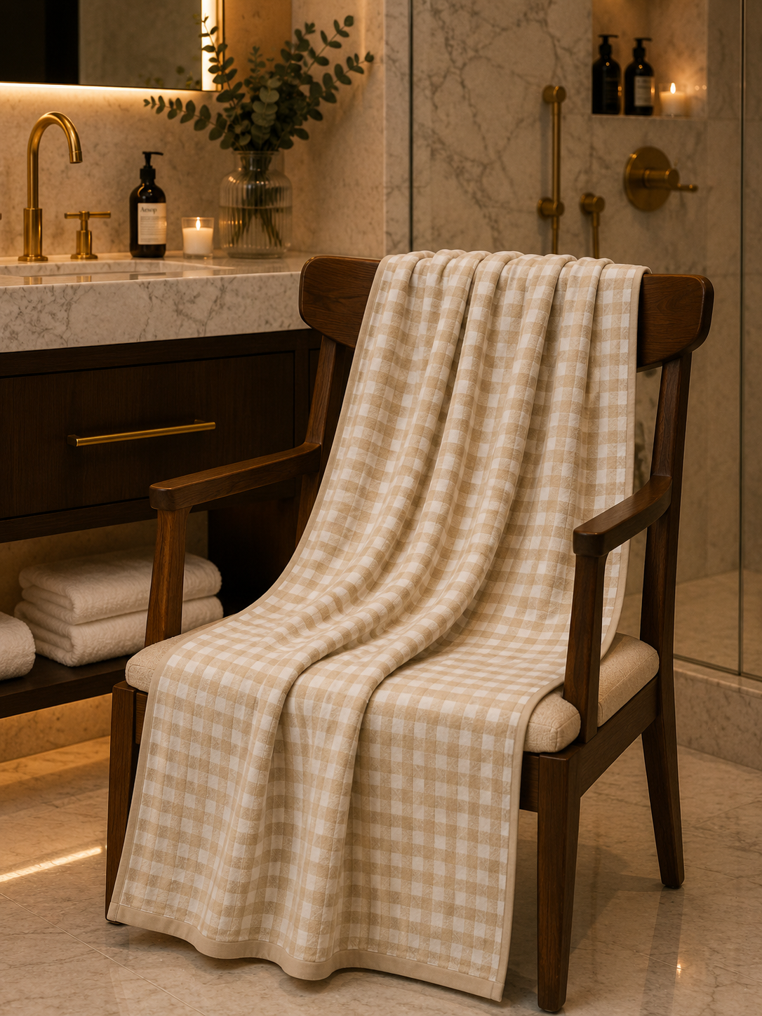Beige Gingham Checkered Cotton Towel