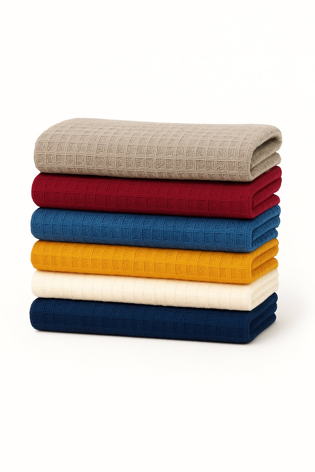 Stack of folded fabrics in various colors on a white background