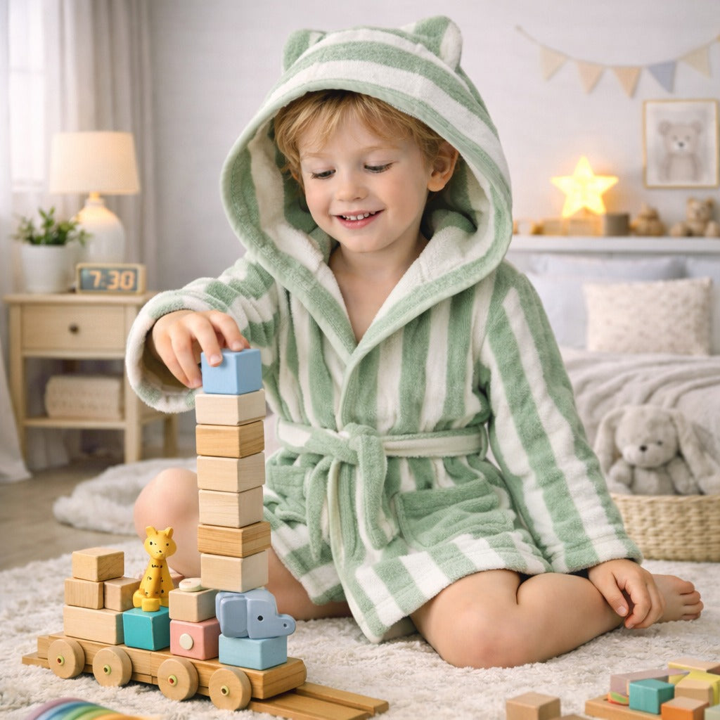 Kid Hooded Bathrobe Green Stripey Fun