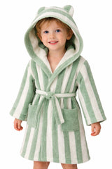 Kid Hooded Bathrobe Green Stripey Fun